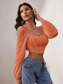 SHEIN SXY 燈籠袖方領短款上衣 - 珊瑚橙 - 查看 4