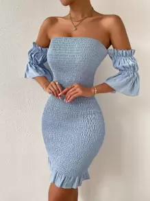 Chiquease Vestido ajustado de hombros descubiertos de manga con volante con fruncido bajo con fruncido - Celeste - Ver 1