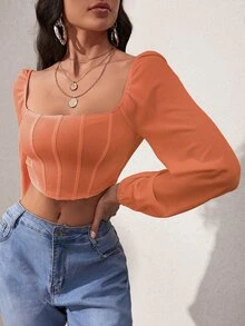 SHEIN SXY 燈籠袖方領短款上衣 - 珊瑚橙 - 查看 5
