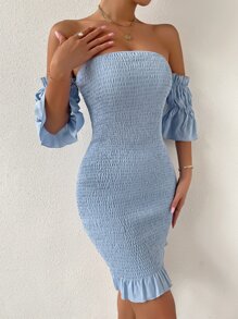 Chiquease Vestido ajustado de hombros descubiertos de manga con volante con fruncido bajo con fruncido - Celeste - Ver 6