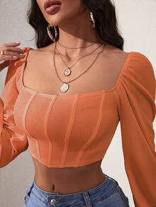 SHEIN SXY 燈籠袖方領短款上衣 - 珊瑚橙 - 查看 6