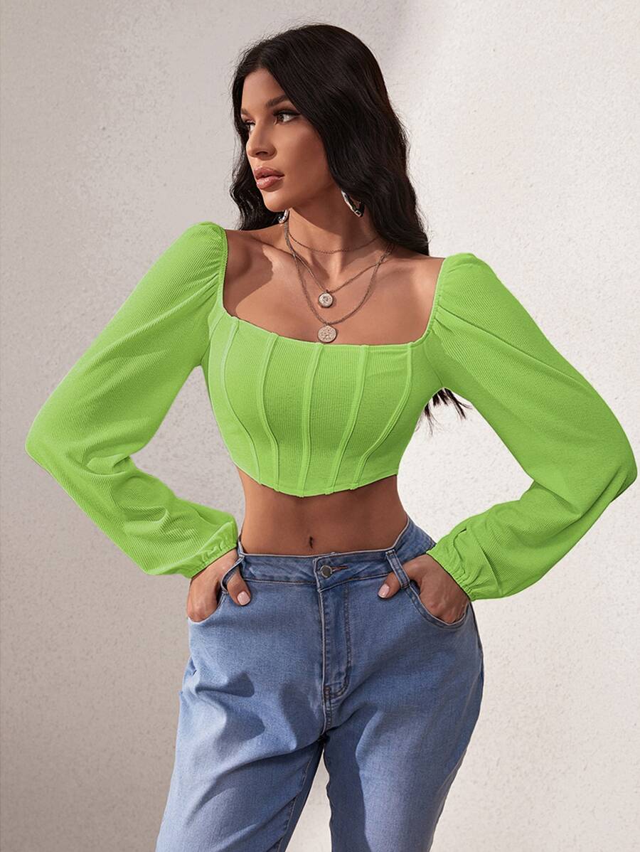 SHEIN SXY Lantern Sleeve Square Neck Crop Top - Lime Green - View 1