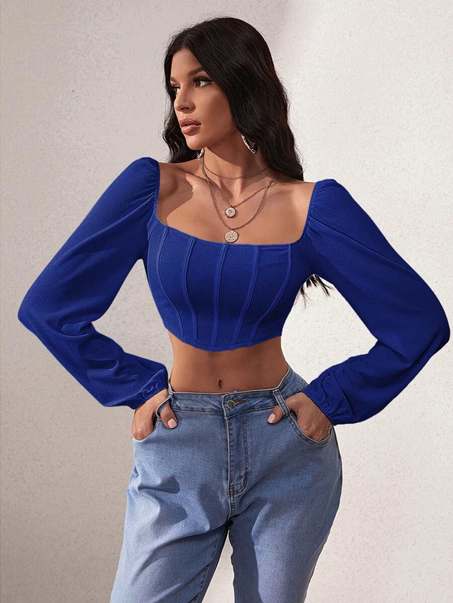 SHEIN SXY 燈籠袖方領短款上衣 - 藍色 - 查看 1
