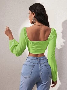 SHEIN SXY Lantern Sleeve Square Neck Crop Top - Lime Green - View 2