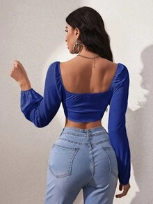SHEIN SXY 燈籠袖方領短款上衣 - 藍色 - 查看 2