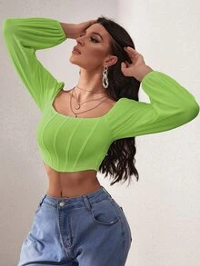 SHEIN SXY Lantern Sleeve Square Neck Crop Top - Lime Green - View 3