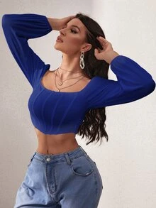 SHEIN SXY 燈籠袖方領短款上衣 - 藍色 - 查看 3