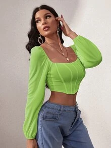 SHEIN SXY Lantern Sleeve Square Neck Crop Top - Lime Green - View 4
