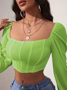 SHEIN SXY Lantern Sleeve Square Neck Crop Top - Lime Green - View 5