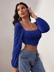 SHEIN SXY 燈籠袖方領短款上衣 - 藍色 - 查看 5
