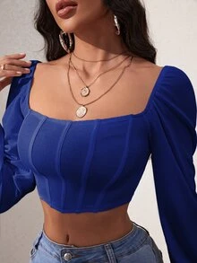 SHEIN SXY 燈籠袖方領短款上衣 - 藍色 - 查看 6