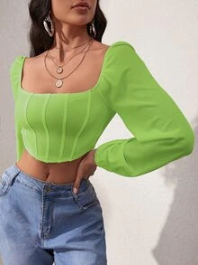 SHEIN SXY Lantern Sleeve Square Neck Crop Top - Lime Green - View 6