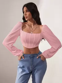 SHEIN Privé Lantern Sleeve Square Neck Crop Top - Baby Pink - View 1