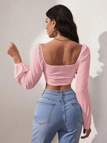 SHEIN Privé Lantern Sleeve Square Neck Crop Top - Baby Pink - View 2