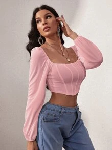 SHEIN Privé Lantern Sleeve Square Neck Crop Top - Baby Pink - View 3