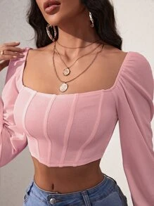 SHEIN Privé Lantern Sleeve Square Neck Crop Top - Baby Pink - View 5