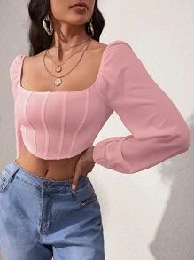 SHEIN Privé Lantern Sleeve Square Neck Crop Top - Baby Pink - View 6
