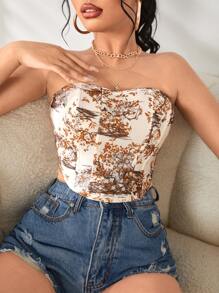 SHEIN SXY 植物圖案不對稱下擺抹胸上衣 - 彩色 - 查看 1