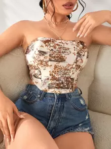 SHEIN SXY 植物圖案不對稱下擺抹胸上衣 - 彩色 - 查看 3