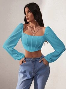 SHEIN SXY 燈籠袖方領短款上衣 - 薄荷藍 - 查看 1