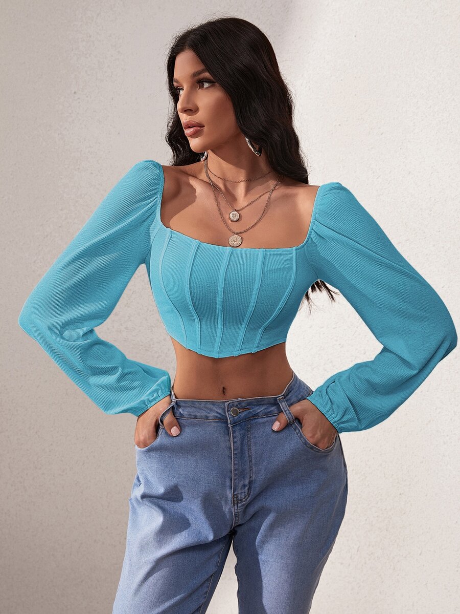 SHEIN SXY 燈籠袖方領短款上衣 - 薄荷藍 - 查看 1