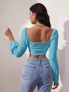 SHEIN SXY 燈籠袖方領短款上衣 - 薄荷藍 - 查看 2
