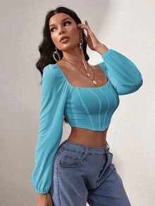 SHEIN SXY 燈籠袖方領短款上衣 - 薄荷藍 - 查看 3