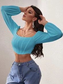 SHEIN SXY 燈籠袖方領短款上衣 - 薄荷藍 - 查看 4