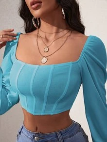 SHEIN SXY 燈籠袖方領短款上衣 - 薄荷藍 - 查看 5