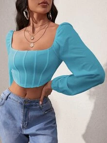 SHEIN SXY 燈籠袖方領短款上衣 - 薄荷藍 - 查看 6