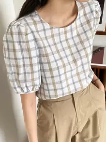 DAZY Plaid Print Keyhole Back Puff Sleeve Blouse Summer