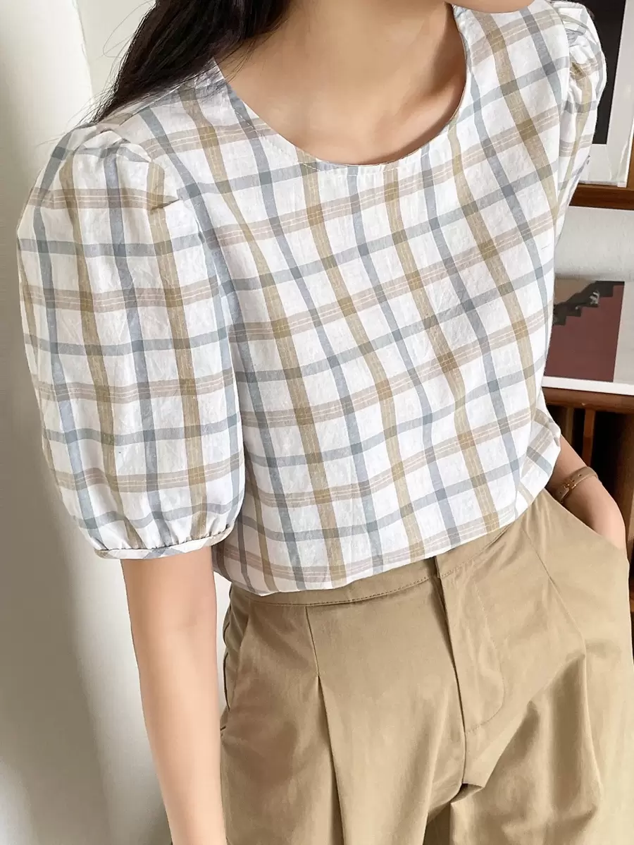 DAZY Plaid Print Keyhole Back Puff Sleeve Blouse Summer