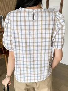 DAZY Plaid Print Keyhole Back Puff Sleeve Blouse Summer