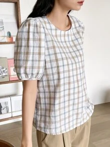 DAZY Plaid Print Keyhole Back Puff Sleeve Blouse Summer