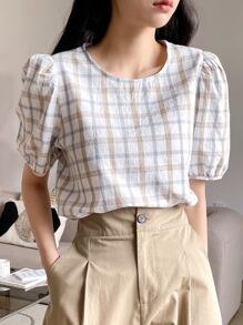 DAZY Plaid Print Keyhole Back Puff Sleeve Blouse Summer