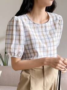 DAZY Plaid Print Keyhole Back Puff Sleeve Blouse Summer