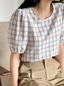 DAZY Plaid Print Keyhole Back Puff Sleeve Blouse Summer