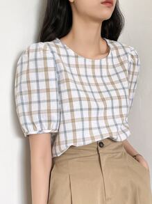 DAZY Plaid Print Keyhole Back Puff Sleeve Blouse Summer