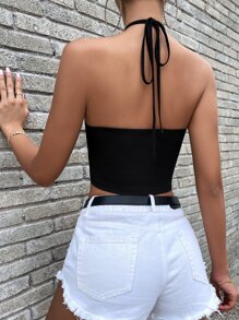 Chiquease Scallop Trim Tied Backless Halter Top - Black - View 3