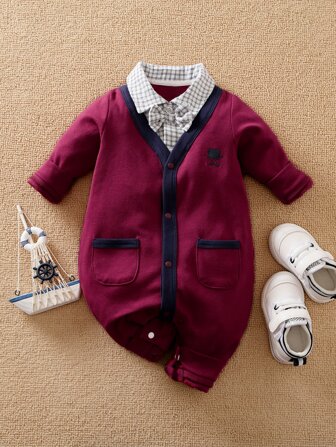 Yierying 男嬰格紋蝴蝶結圖案刺繡拼接邊假兩件連身褲