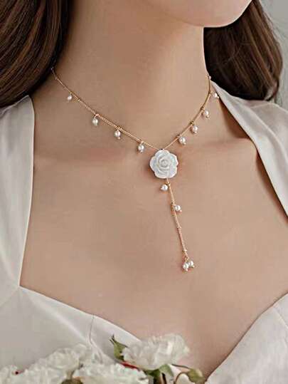 花和人造珍珠墜飾Y字項鍊