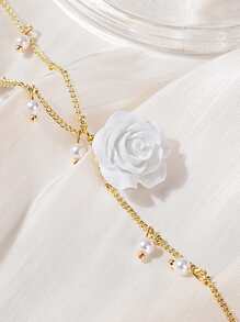 花和人造珍珠墜飾Y字項鍊 - 彩色 - 查看 3