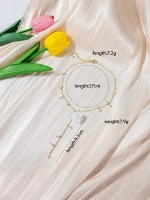 花和人造珍珠墜飾Y字項鍊 - 彩色 - 查看 4