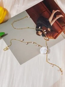 花和人造珍珠墜飾Y字項鍊 - 彩色 - 查看 5