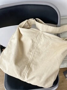 大容量米色水洗复古帆布包，简约风格休闲百搭拉链开合单肩包适合日常使用，大学生书包，旅行，街头风格可折叠手提包
