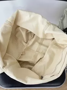 大容量米色水洗复古帆布包，简约风格休闲百搭拉链开合单肩包适合日常使用，大学生书包，旅行，街头风格可折叠手提包