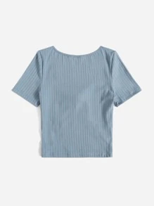SHEIN Tall 雞心領口前打結T恤 - 霧霾藍 - 查看 2