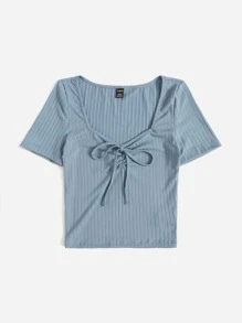 SHEIN Tall 雞心領口前打結T恤 - 霧霾藍 - 查看 3