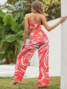 Missord Allover Print Crisscross Crop Cami Top & Tie Front Wide Leg Pants - Multicolor - View 2