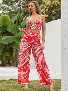Missord Allover Print Crisscross Crop Cami Top & Tie Front Wide Leg Pants - Multicolor - View 5